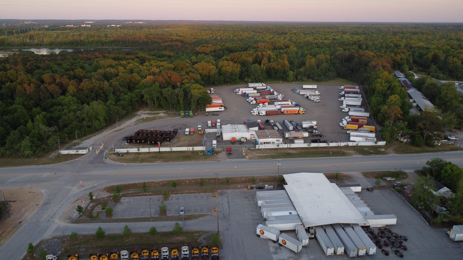 Aerial view of a truck parking lot.